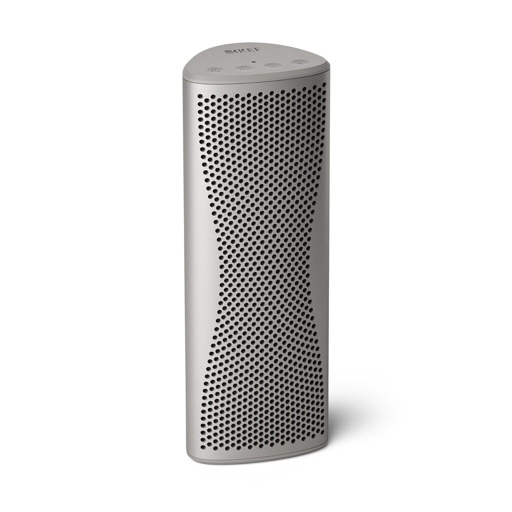 The KEF Muo HiFi Portable Bluetooth Speaker by KEF is a sleek, modern silver device with a vertical, rounded triangular shape and a perforated front panel, shown standing upright on a white background.