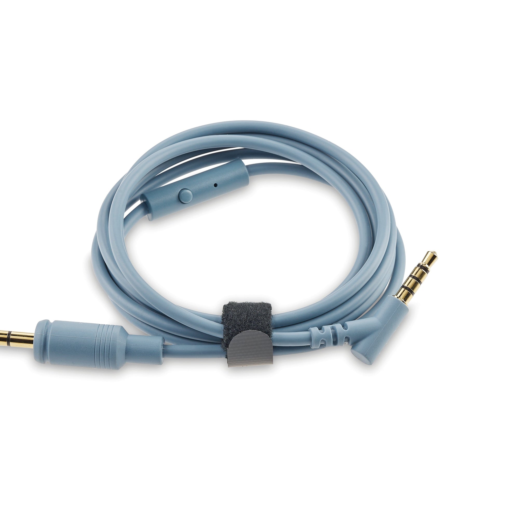 A blue coiled 3.5mm audio cable, ideal for Focal Azurys headphones, features straight and right-angle connectors, plus a black velcro strap for secure storage.