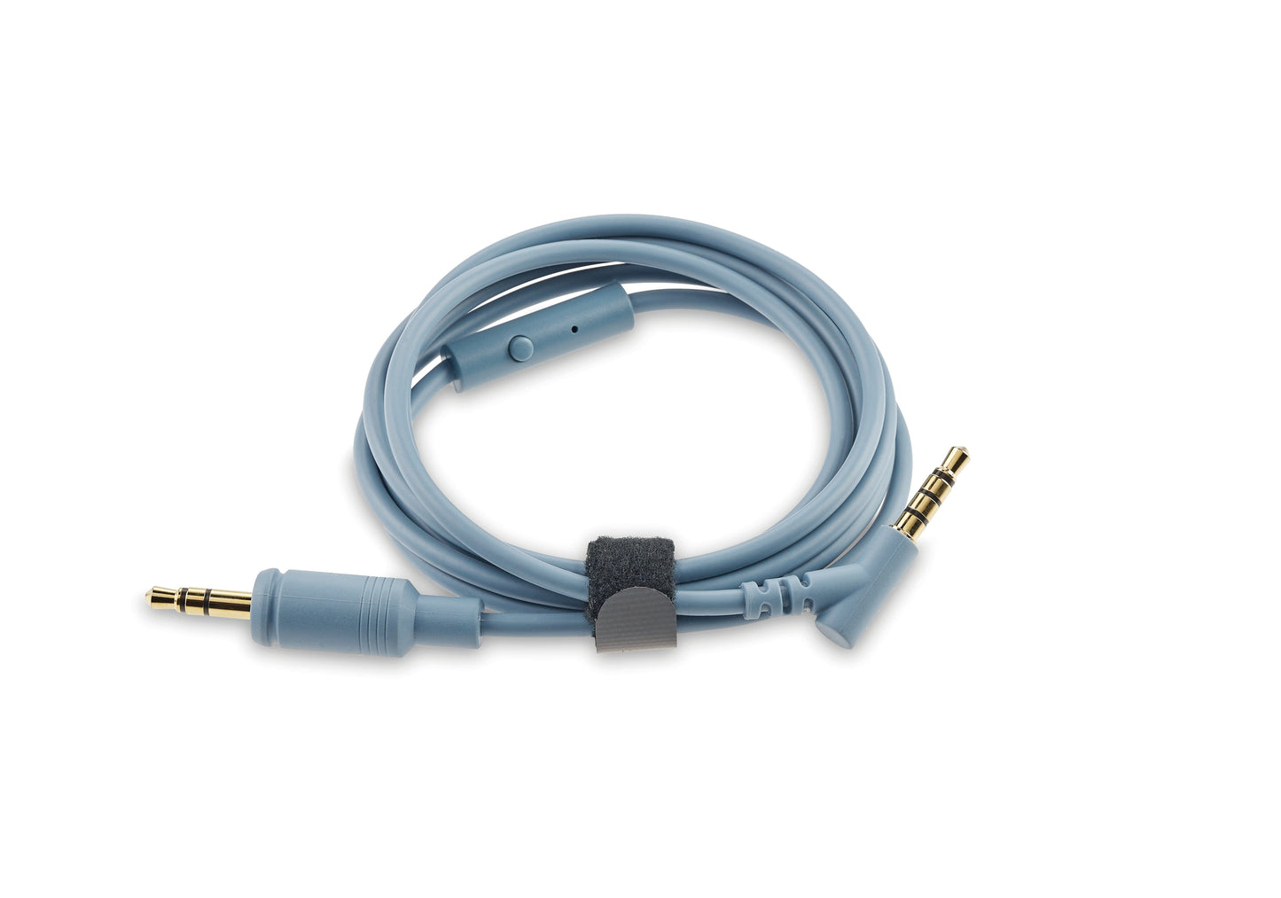 A blue coiled 3.5mm audio cable, ideal for Focal Azurys headphones, features straight and right-angle connectors, plus a black velcro strap for secure storage.