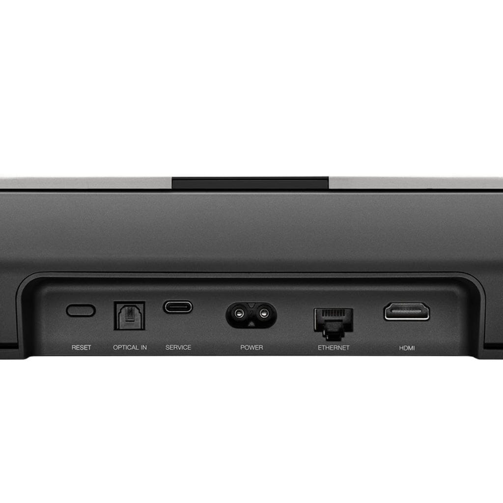 Close-up of the back panel of the Bowers & Wilkins Panorama 3 3.1.2 Wireless Dolby Atmos Soundbar, showing Reset, Optical In, Service (USB-C), Power, Ethernet, and HDMI ports for an immersive home theater experience.