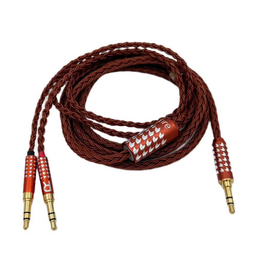 The Listenmore Etched Headphone Cable features a braided brown design, gold-plated 3.5mm connectors, red metal ends with white geometric patterns and R/L labels, and is universally compatible with high-end headphones.