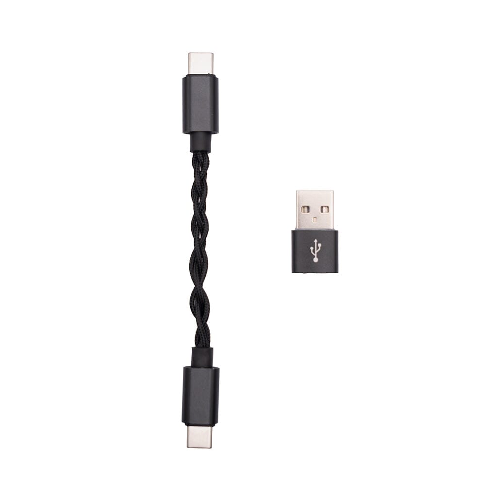 The CrinEar Protocol Max by CrinEar is a short black braided USB-C to USB-C cable with a separate USB-A to USB-C adapter, both featuring black connectors—ideal for connecting your portable DAC or headphone amp on a white background.