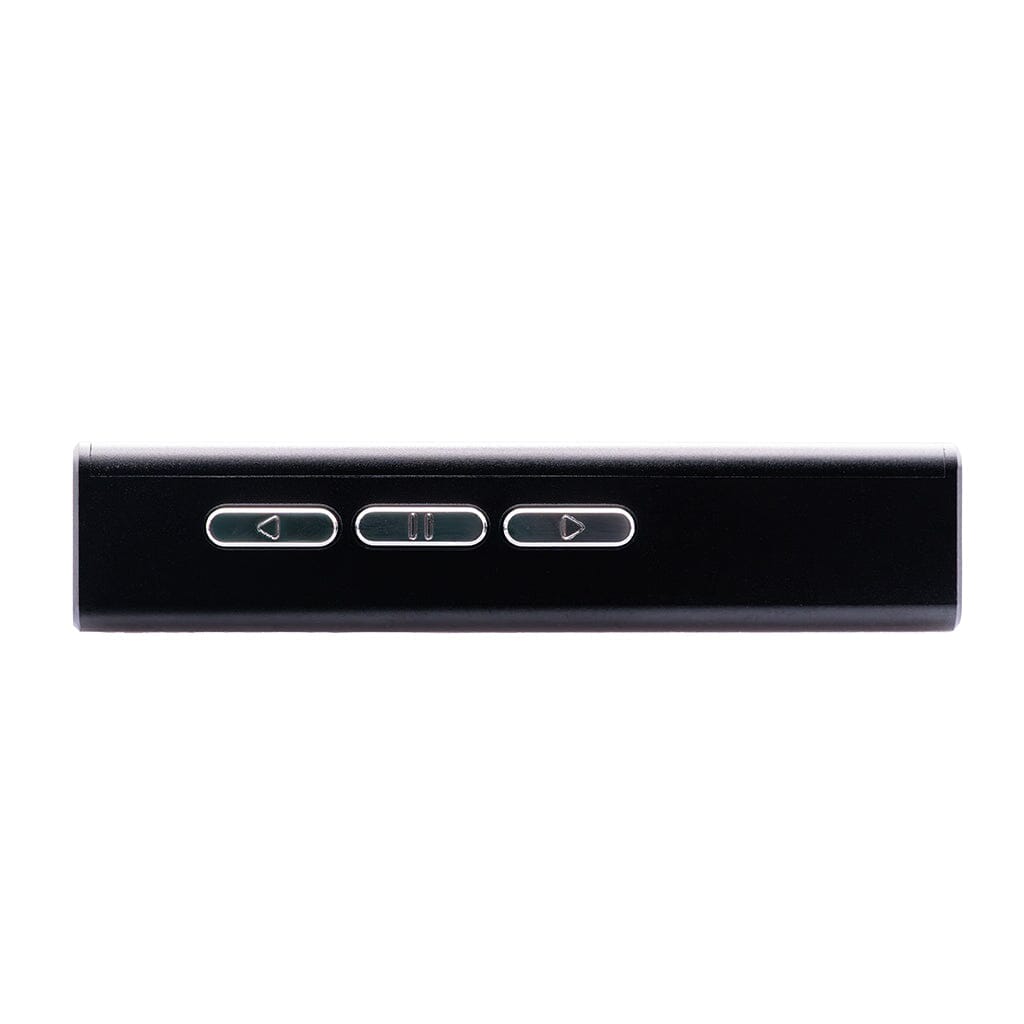 The CrinEar Protocol Max by CrinEar, a black rectangular headphone amplifier with back, pause/play, and forward buttons, is shown from the side against a white background.