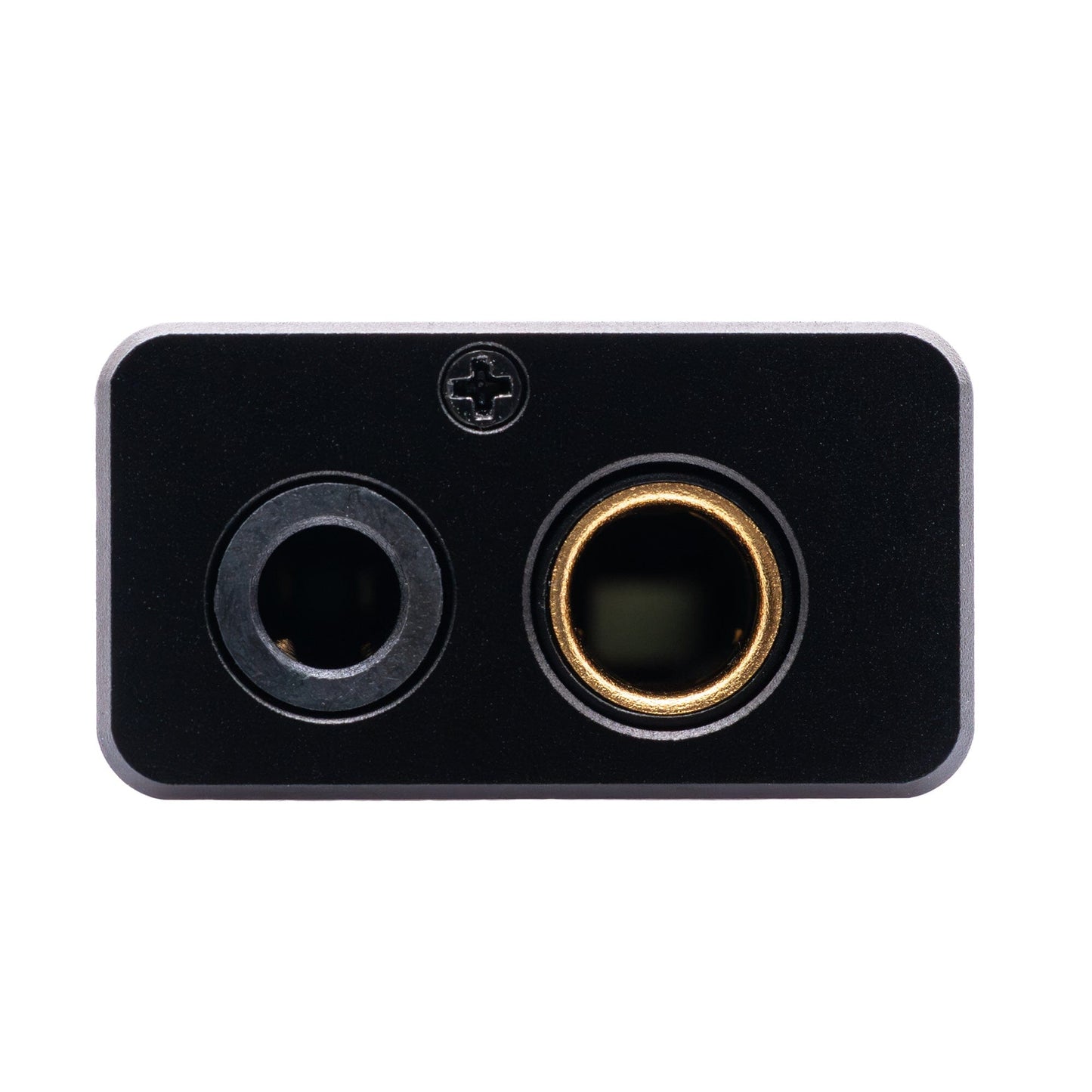 Close-up of the CrinEar Protocol Max audio interface panel by CrinEar, showing two input ports—a silver jack on the left and a gold-rimmed jack on the right, with a screw above—perfect for use with a portable DAC or headphone amplifier.