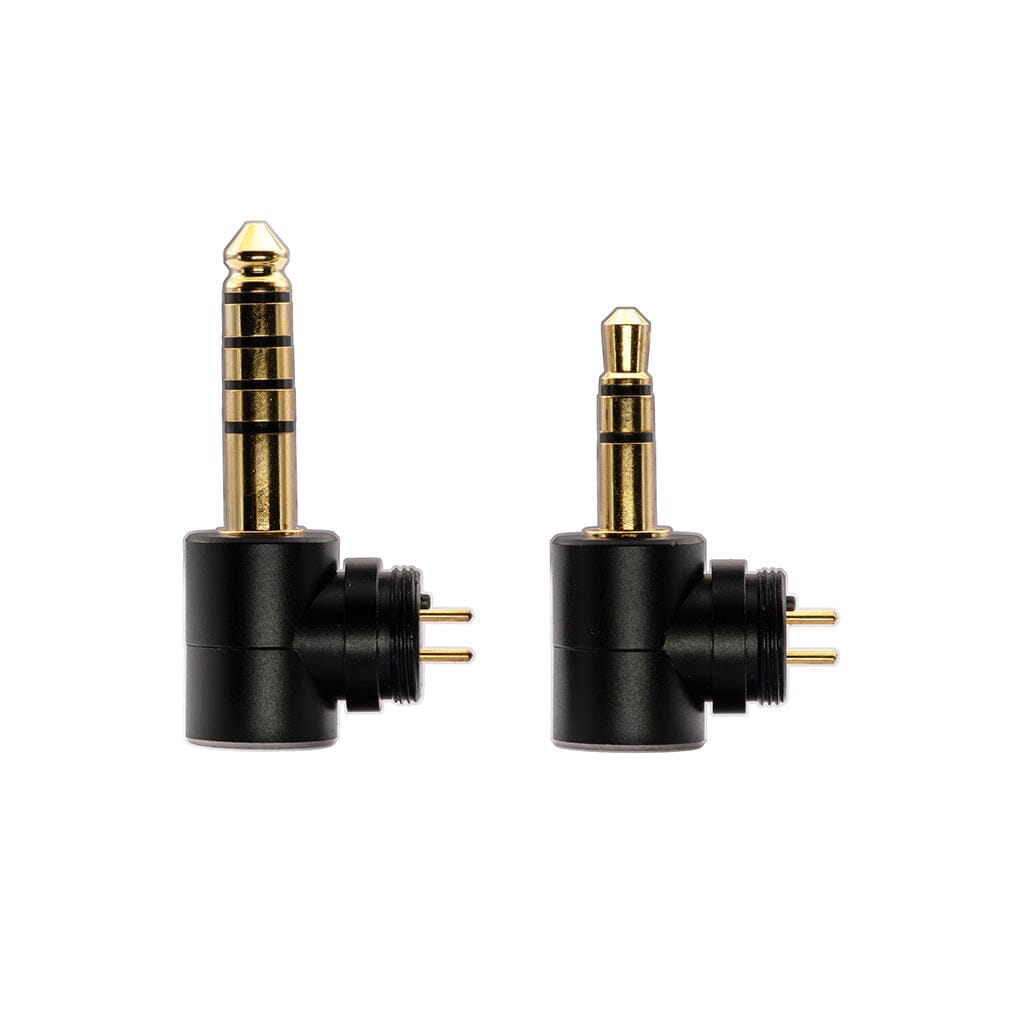 Two black and gold right-angle adapters with three-prong connectors, differing in size, are shown side by side on a white background—ideal for enjoying audiophile-quality sound with your Crinear Daybreak In-Ear Headphones by Crinear.
