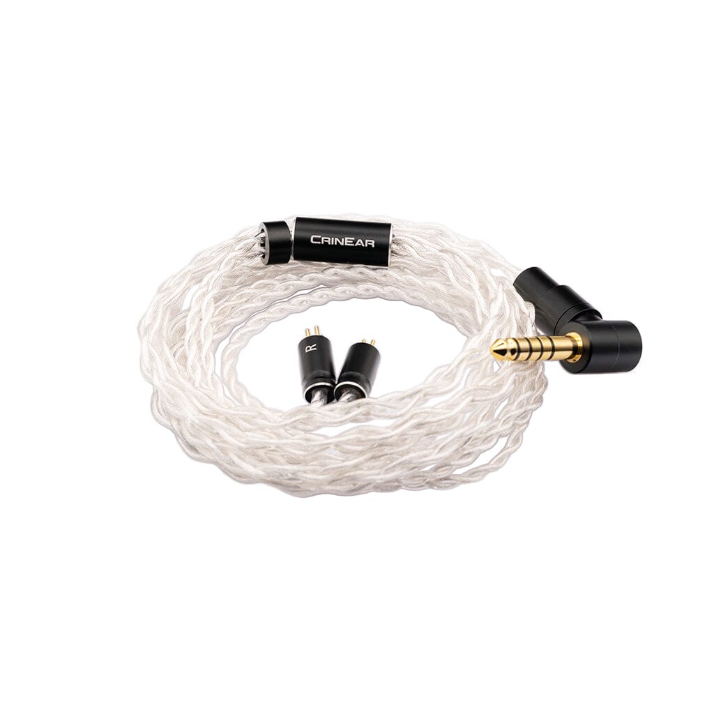 A coiled silver braided audio cable with a right-angle gold-plated 2-pin connector, labeled Crinear, designed for Crinear Daybreak In-Ear Headphones, is shown on a white background for audiophile-grade sound.
