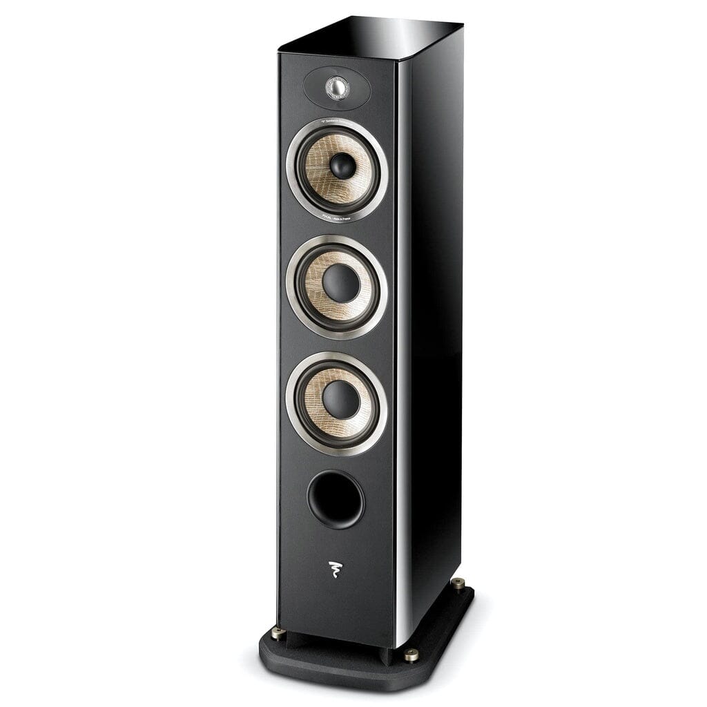 A tall, gloss black Focal Aria 926 floorstanding speaker with three circular drivers, a tweeter on top, and a front-facing bass port on a rectangular base—ideal for audiophiles. Brand: Focal.