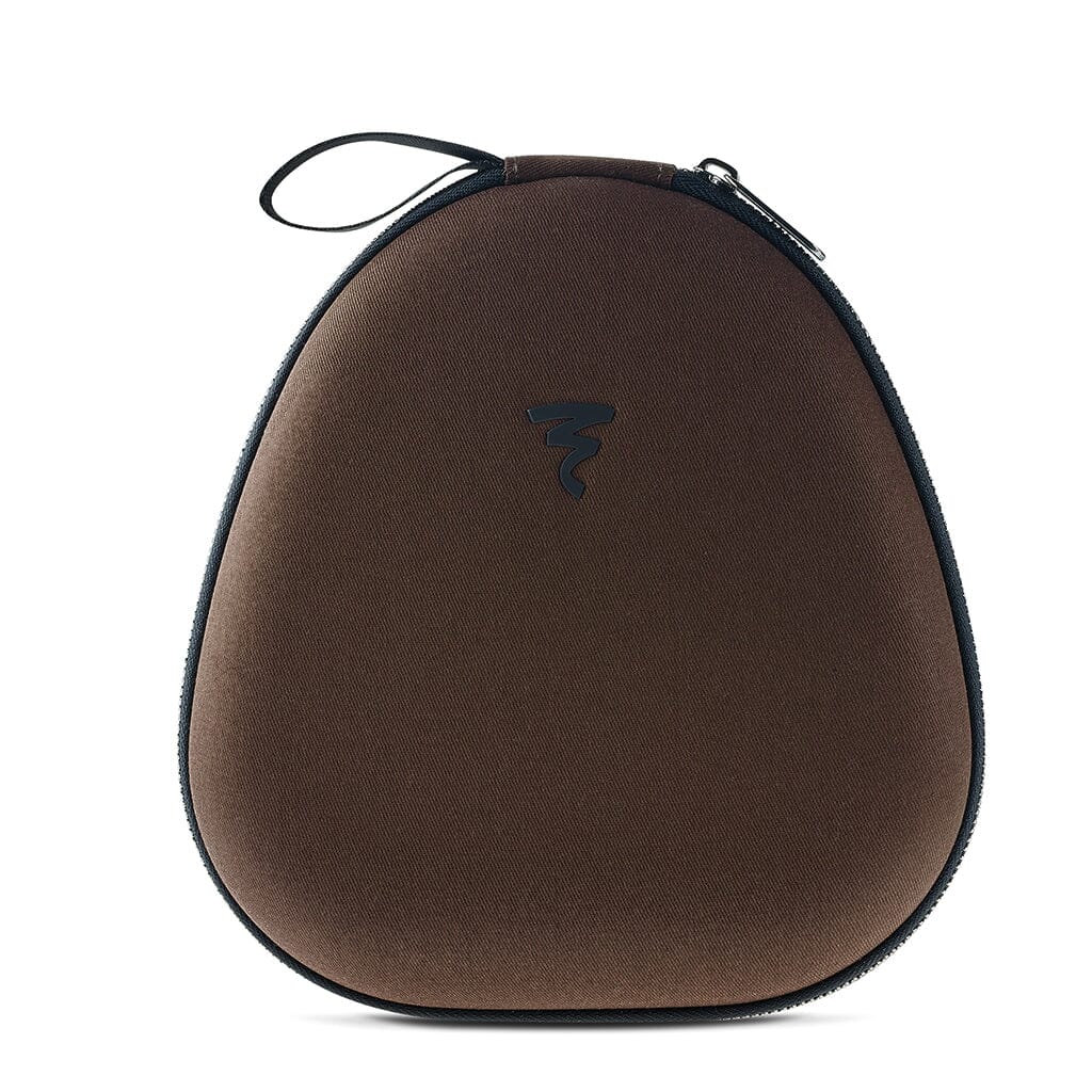 A brown, oval zippered carrying case for Focal Bathys MG Wireless Headphones by Focal features a small black logo in the center and a top loop, shown against a white background.
