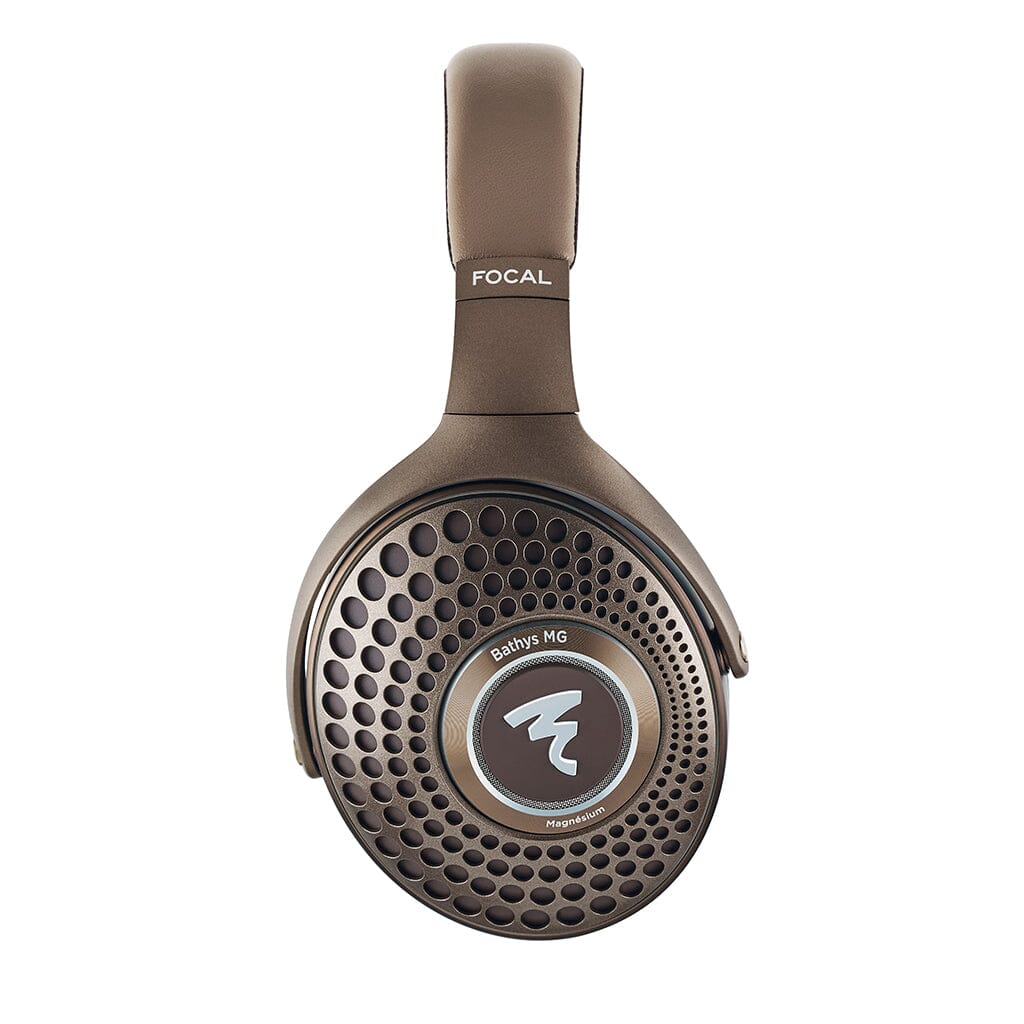 Side view of a single Focal Bathys MG Wireless Headphone, showcasing the perforated ear cup with the Focal logo at its center and the brand name on the headband.