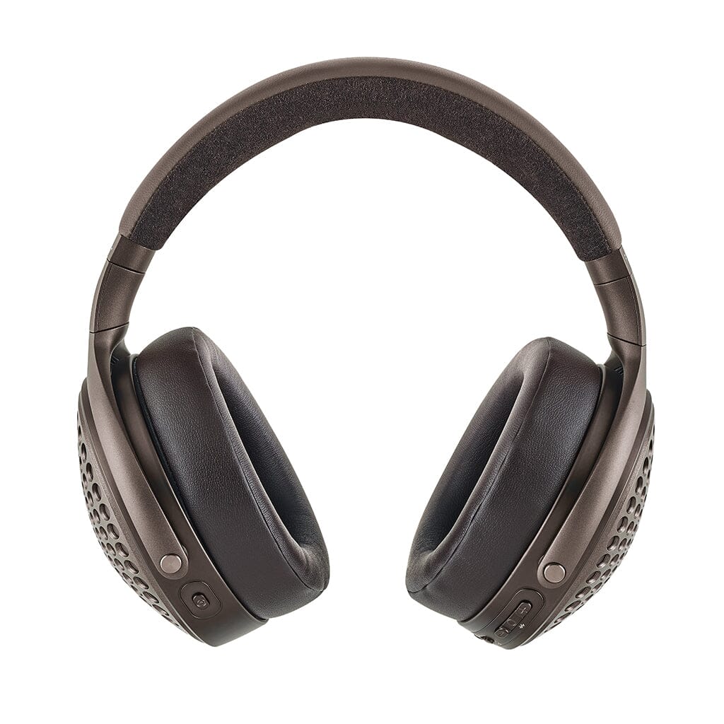 The Focal Bathys MG Wireless Headphones by Focal feature a cushioned headband, ear pads, and convenient ear cup controls. These dark brown headphones provide comfort and convenience for all-day wireless listening.