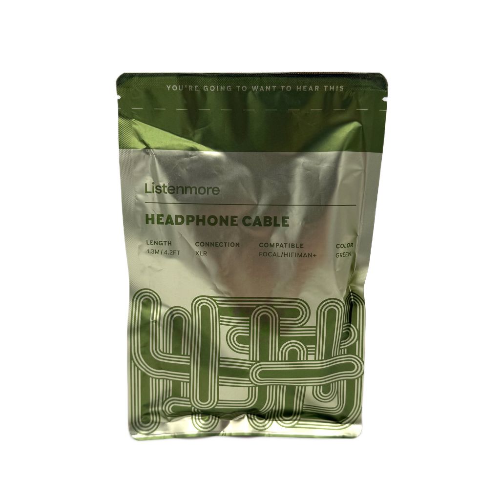 A metallic green Listenmore Etched Headphone Cable pouch features a white abstract line design, 4.23 ft (1.29 m) length, XLR connection, and universal compatibility with high-end headphones like Focal/HifiMAN.