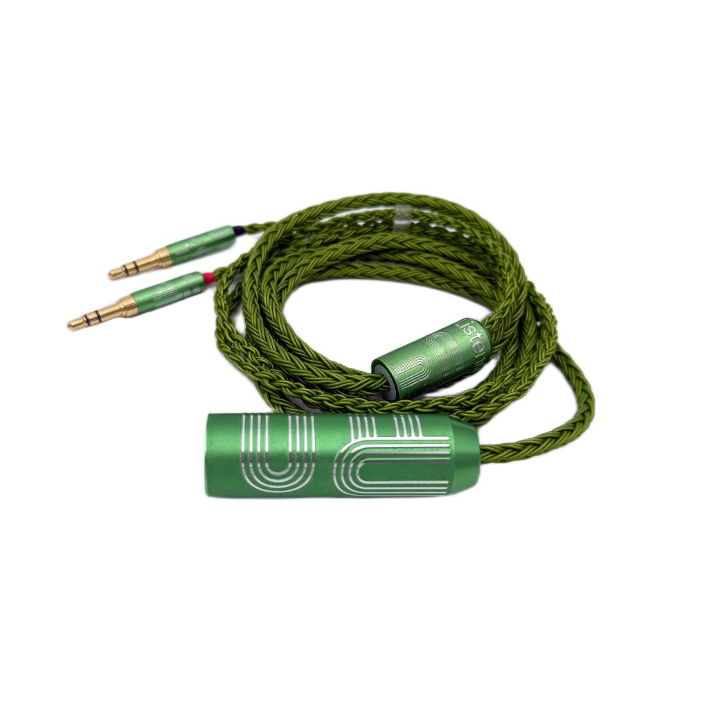 The Listenmore Etched Headphone Cable is a green braided cable with dual gold-plated 3.5mm connectors on one end and a green cylindrical UE connector on the other, universally compatible and shown coiled on a white background.