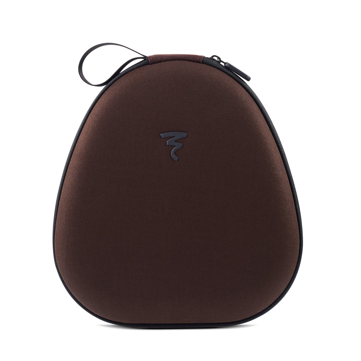 A brown, teardrop-shaped hard carrying case with a top loop and subtle black Focal logo sits on a white background, designed for Focal Hadenys headphones.