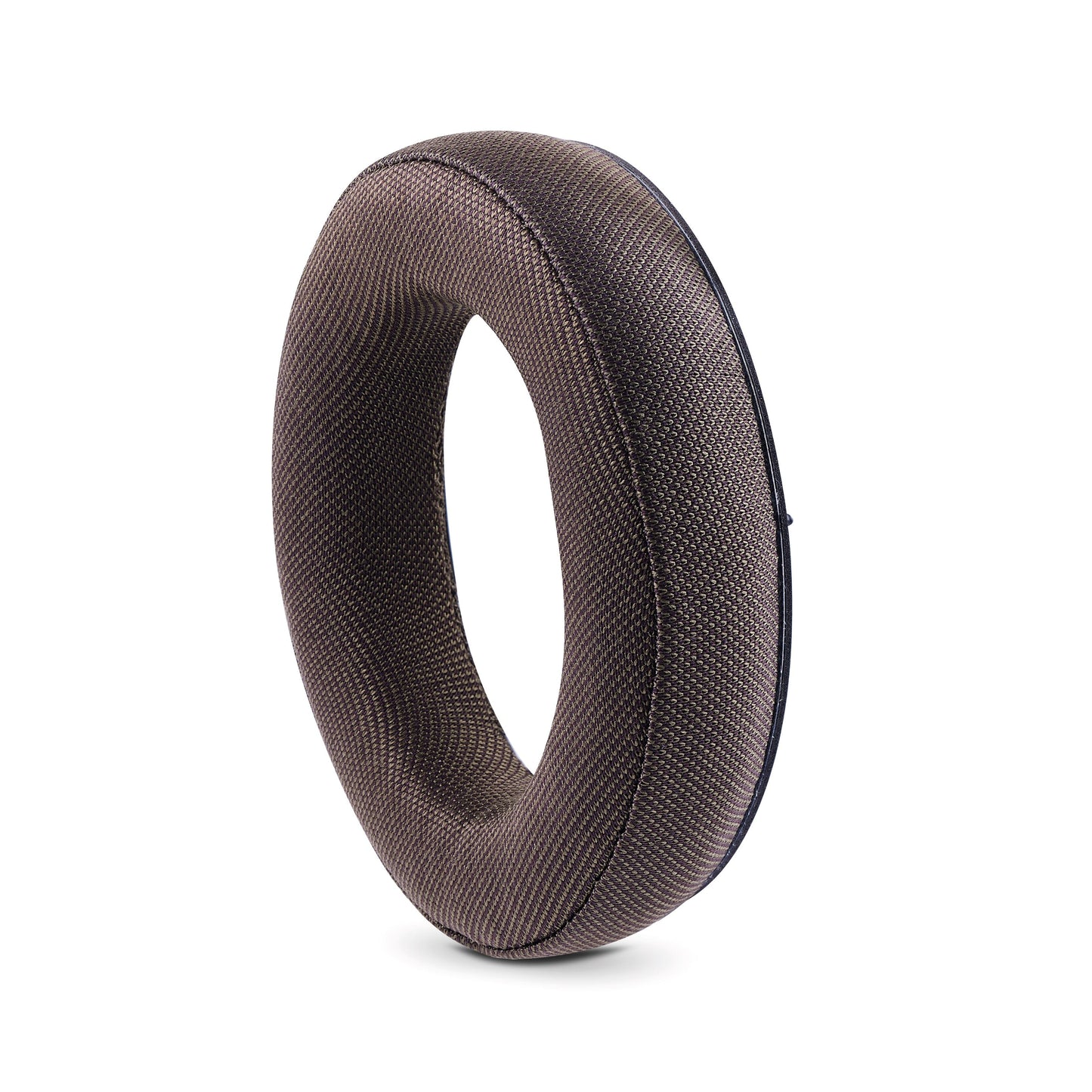 A brown, textured, donut-shaped cushion stands upright on a white background, evoking the plush comfort of Focal Hadenys headphones by Focal.