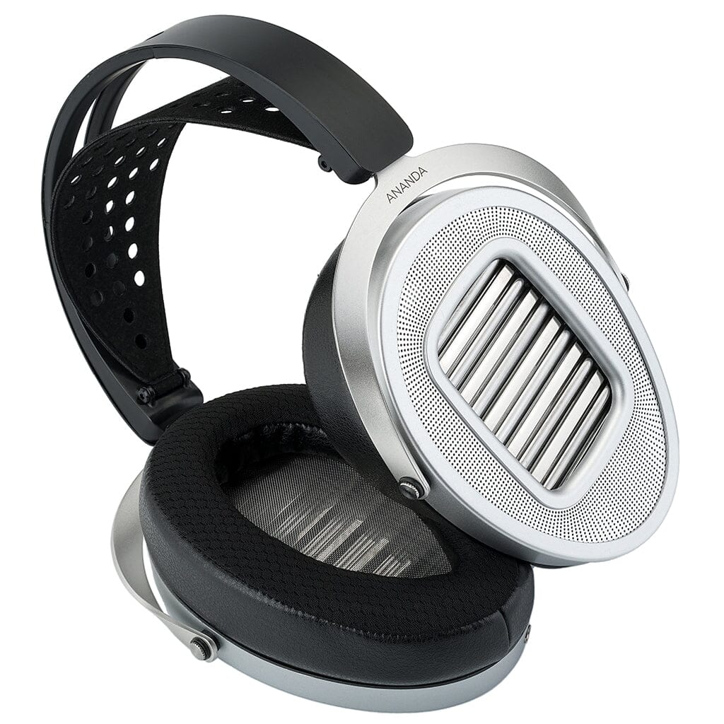 The Hifiman Ananda Unveiled headphones by Hifiman feature silver and black open-back oval ear cups with a grill design and textured pads, plus a wide headband—experience clarity with their ultra-thin diaphragm. Displayed on a white background.