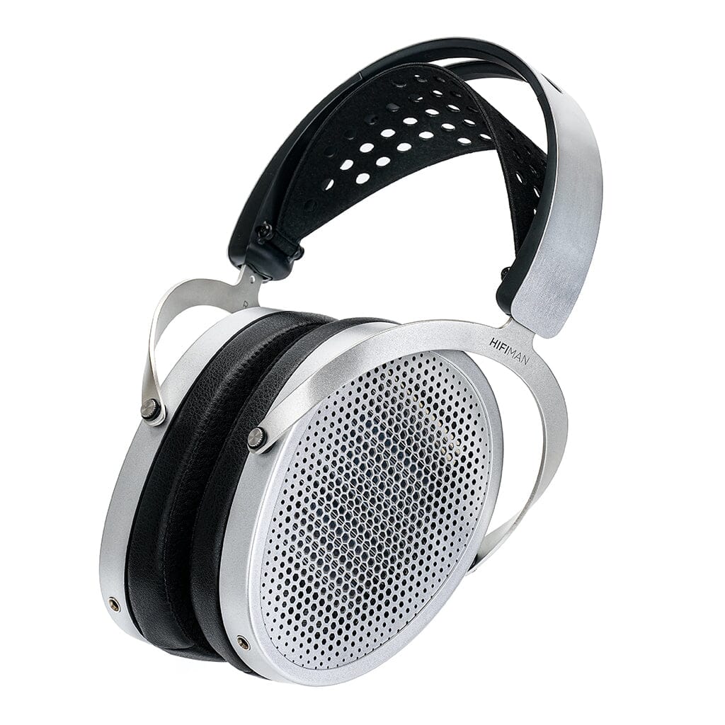 The Hifiman Edition XV Headphones feature large circular silver ear cups with a perforated grille, NEO Supernano Diaphragm technology, a black padded headband with holes, and visible Hifiman branding on the side.
