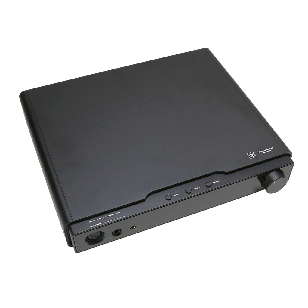 The Hifiman Goldenwave Serenade Wireless Desktop Amplifier and DAC features a matte black minimalist design with a knob, buttons, and front input/output ports. This Class A amplifier has smooth curved edges and supports streaming.