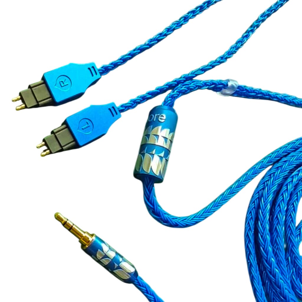 The Listenmore Etched Headphone Cable for Sennheiser HD 600 Series features a blue braided design, silver accents, a gold-plated 3.5mm plug, and two-pin connectors—shown against a white background.