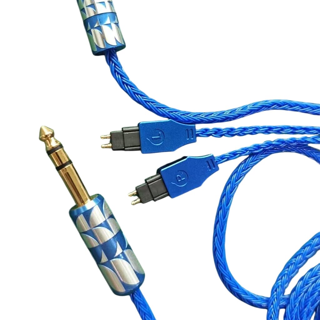 The Listenmore Etched Headphone Cable for Sennheiser HD 600 Series features a blue braided design, gold 6.35mm jack, two black connectors, and silver-blue patterned metal cases—perfect for an upgraded listening experience.