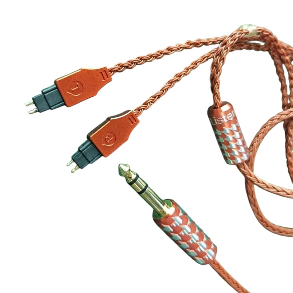 The Listenmore Etched Headphone Cable for Sennheiser HD 600 Series features a braided copper build, two-pin connectors, and a 3.5mm gold-plated jack with metallic patterned housings for enhanced audio performance.