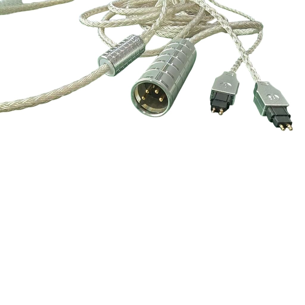 A close-up of the Listenmore Etched Headphone Cable for Sennheiser HD 600 Series shows its silver braid, multi-pin connector on one end, and dual-pin connectors on the other, set against a white background.
