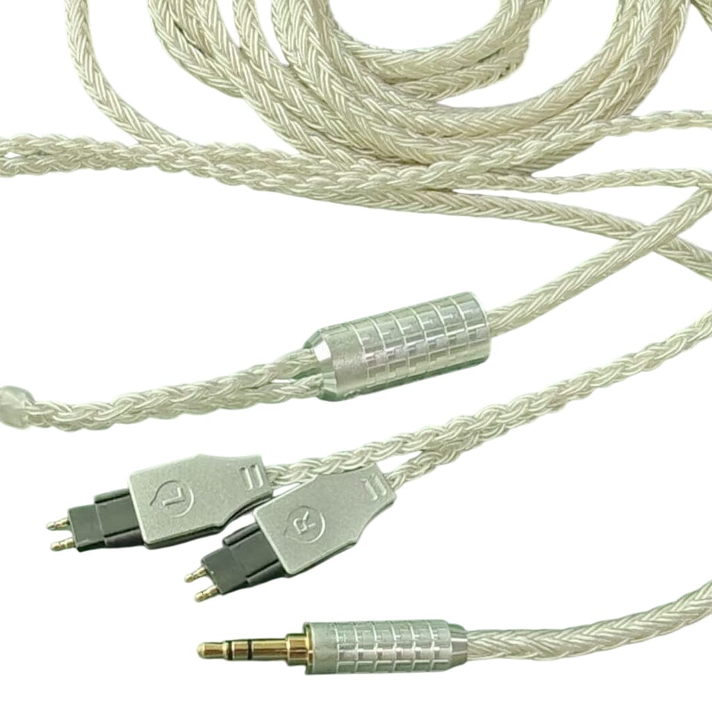 A close-up of the Listenmore Etched Headphone Cable for Sennheiser HD 600 Series, featuring a braided silver design, 3.5mm jack, and dual-pin connectors labeled left and right on a white background.