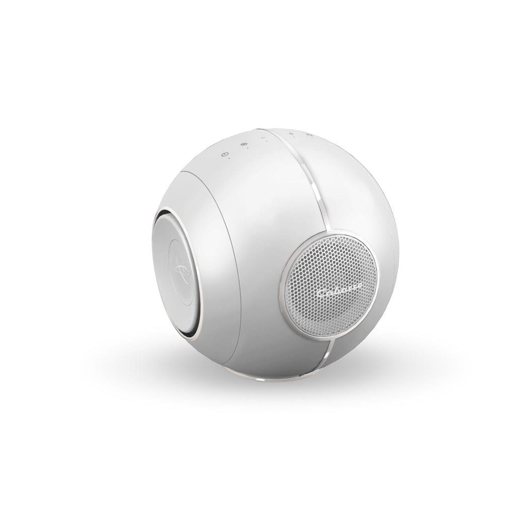 The Cabasse The Pearl Myuki Active Speaker by Cabasse is an ultra-compact, white spherical wireless speaker with a minimalistic design, mesh grille, and top control buttons, delivering powerful sound against a plain white background.