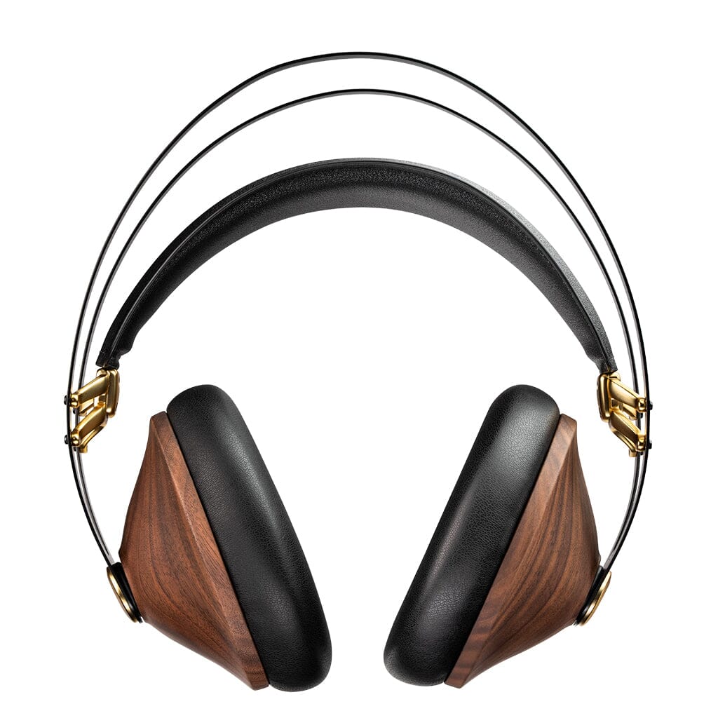 The Meze Audio 99 Classics V2 headphones by Meze feature over-ear walnut wood cups, black padded ear cushions, gold accents, and a slim-wire black headband, offering refined acoustic balance and shown against a white background.