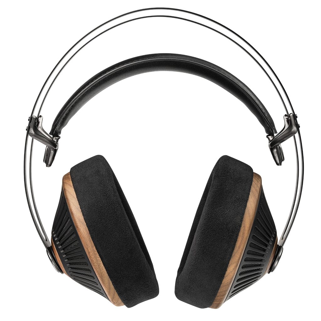The Meze Audio 105 SILVA Headphones by Meze, featuring walnut wood ear cups, black cushioned pads, wooden accents, and a metal headband, are shown from above against a white background.