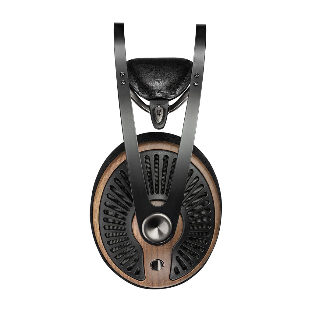 Overhead view of a single Meze Audio 105 SILVA Headphone by Meze, featuring a black metal frame, walnut wood ear cup, and a black perforated leather headband on a white background.