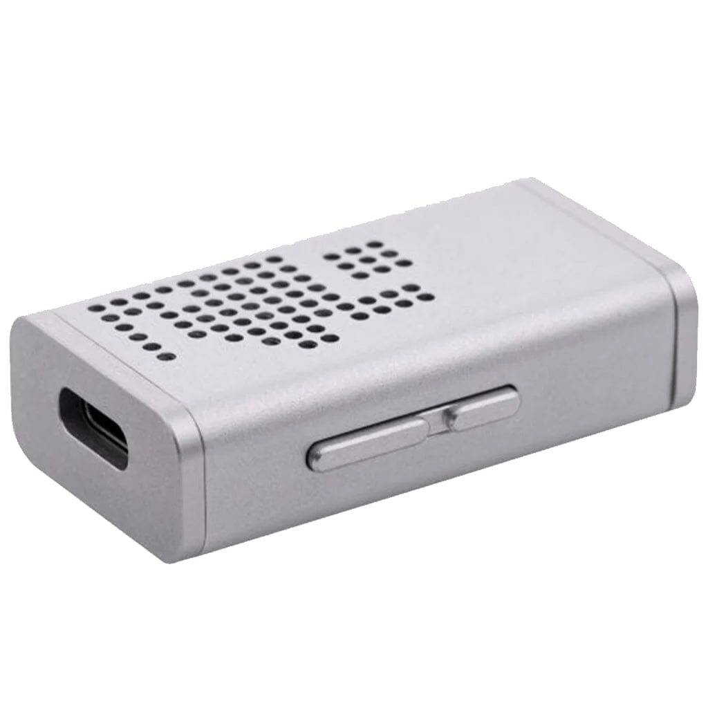 The Moondrop Dawn Pro Portable DAC and Headphone Amp by Moondrop is a compact, rectangular silver device with ventilation holes, two side buttons, and a USB-C port for high-resolution audio on the go.