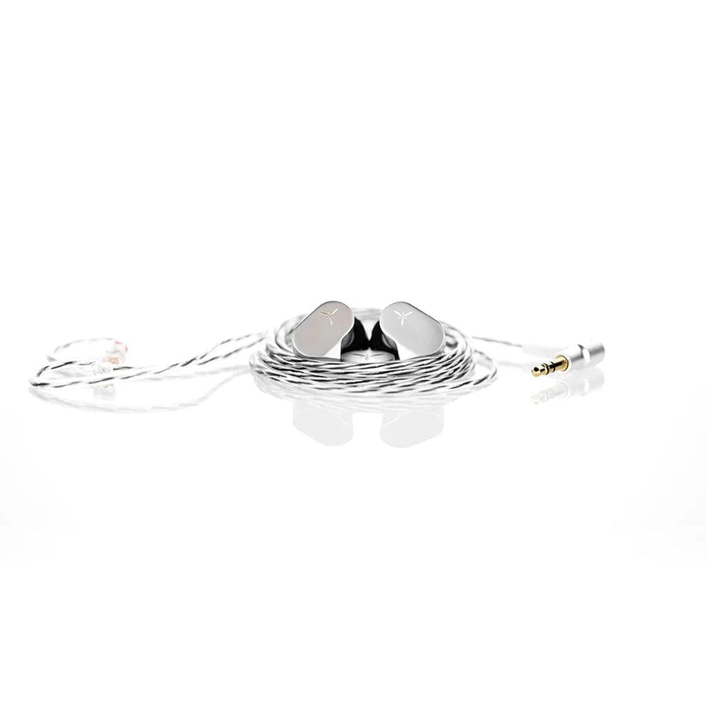 The Moondrop LAN In-Ear Headphones by Moondrop feature silver dynamic drivers, a braided cable, and a 3.5mm jack, coiled neatly on a reflective white surface with a plain white background.
