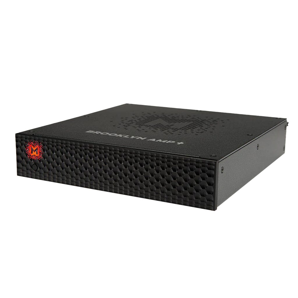 The Mytek Digital Brooklyn Amp+ Headphone Amplifier is a compact, sturdy black rectangular unit with a textured front panel and logo, designed for high-end audio as a premium Class D amplifier.