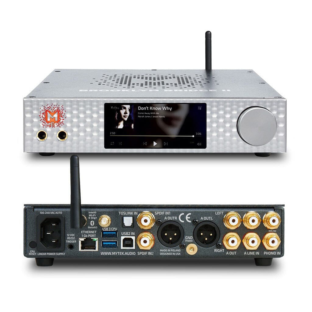 Front and rear view of the Mytek Digital Brooklyn Bridge II DAC, Amp and Pre-Amp + ROON Core shows a display screen with music info and album art, control knob, various input/output ports, antennas, and headphone jacks.