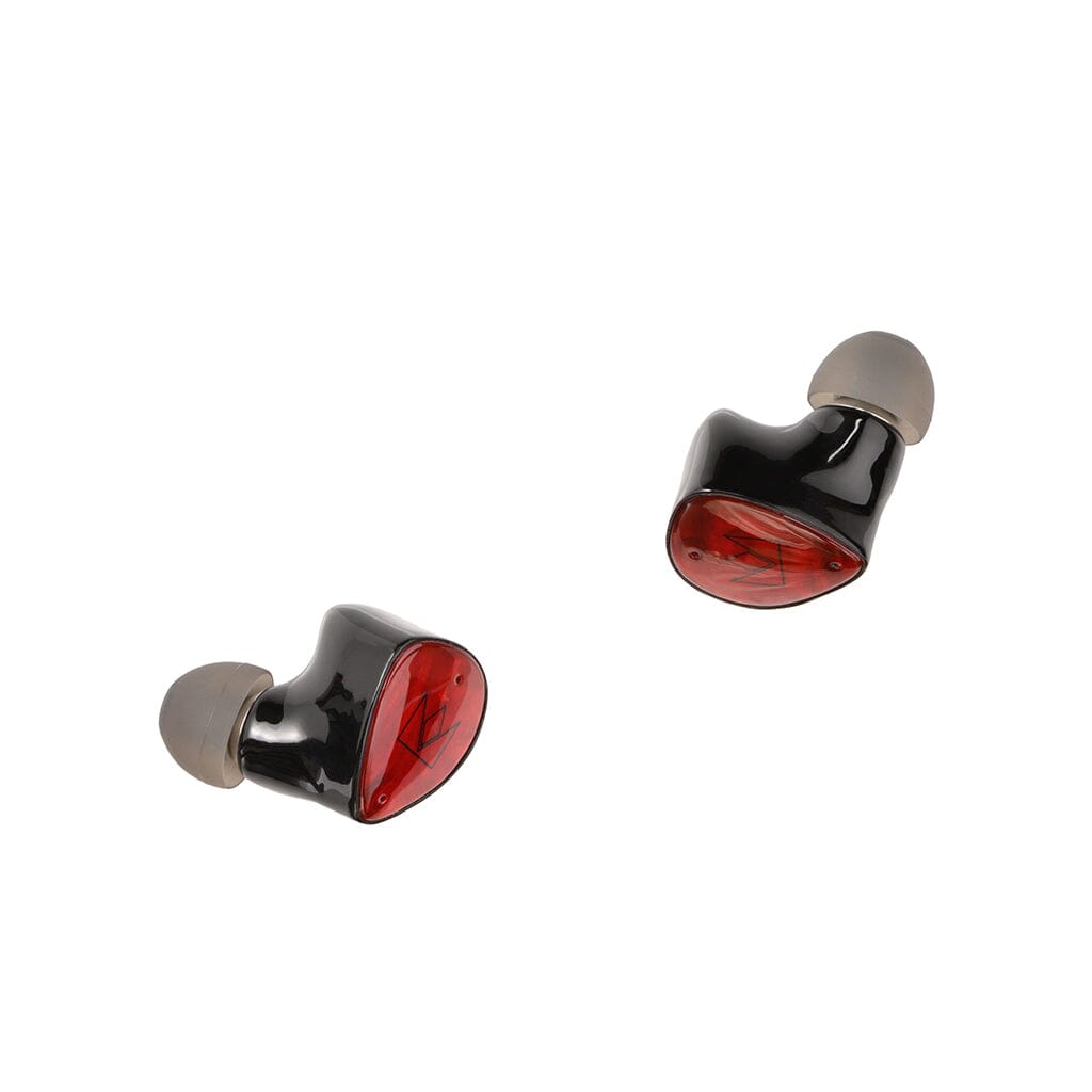 The Noble Audio FoKus Amadeus True Wireless In-Ear Headphones by Noble Audio feature gray ear tips, glossy black bodies, and red translucent panels, delivering dynamic driver performance against a white background.