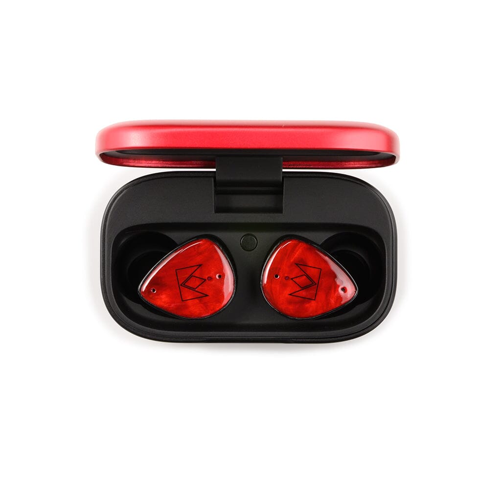 The Noble Audio FoKus Amadeus True Wireless In-Ear Headphones by Noble Audio, in red with black crown logos and dynamic drivers, rest in an open black and red charging case, seen from above on a white background.