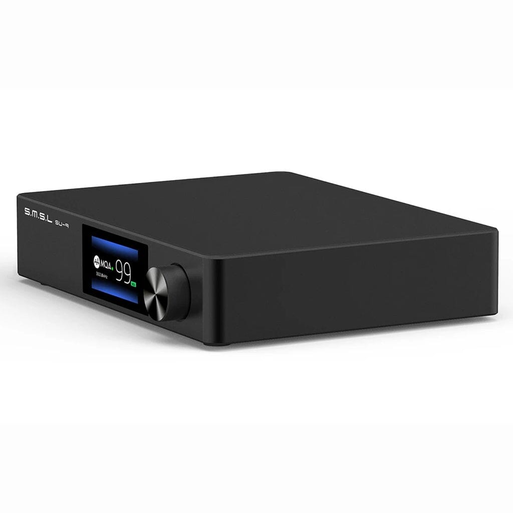 The SMSL SU-9 Balanced DAC - Open Box - Clearance by SMSL is a sleek black device with an ES9038PRO DAC, a small volume display showing 99, and a round front control knob, set against a white background.