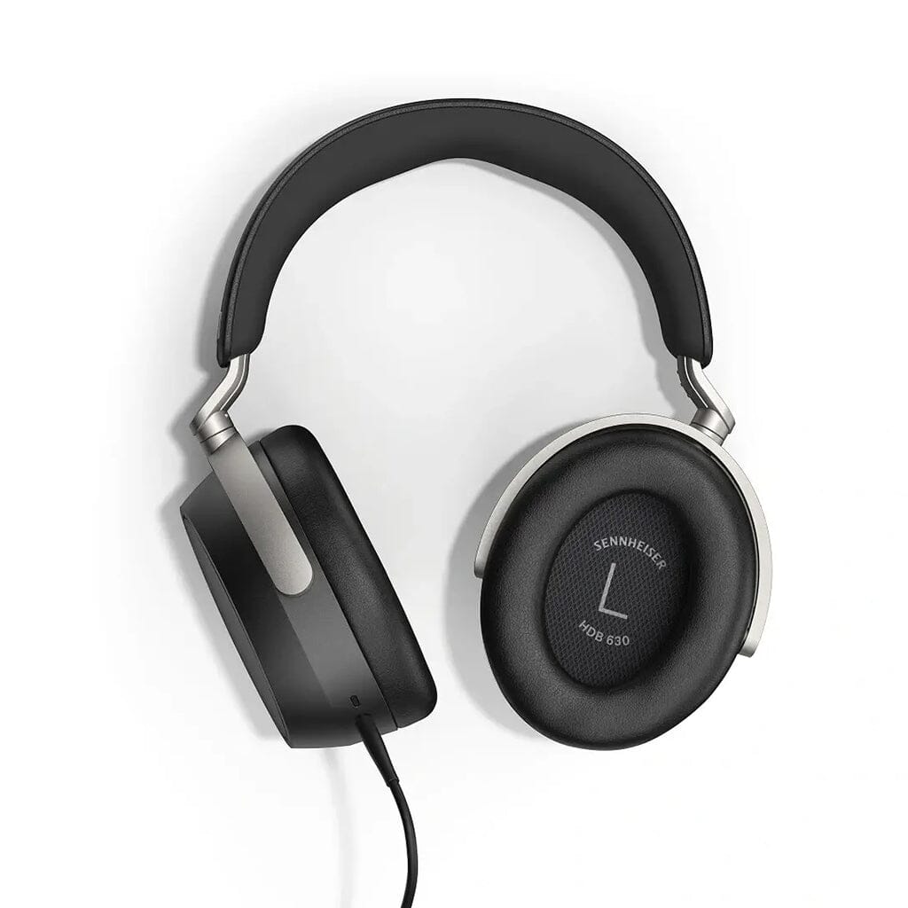 The Sennheiser HDB 630 Wireless Headphones are over-ear, black and silver headphones with cushioned ear pads, a detachable cable, and high-resolution sound, shown against a white background.
