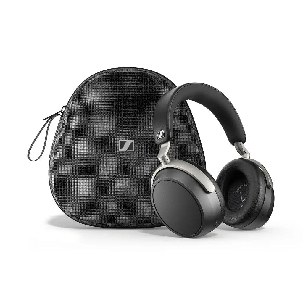 The Sennheiser HDB 630 Wireless Headphones in black are shown beside a matching zippered carrying case, both featuring the Sennheiser logo, against a white background—ideal for enjoying premium sound anywhere.