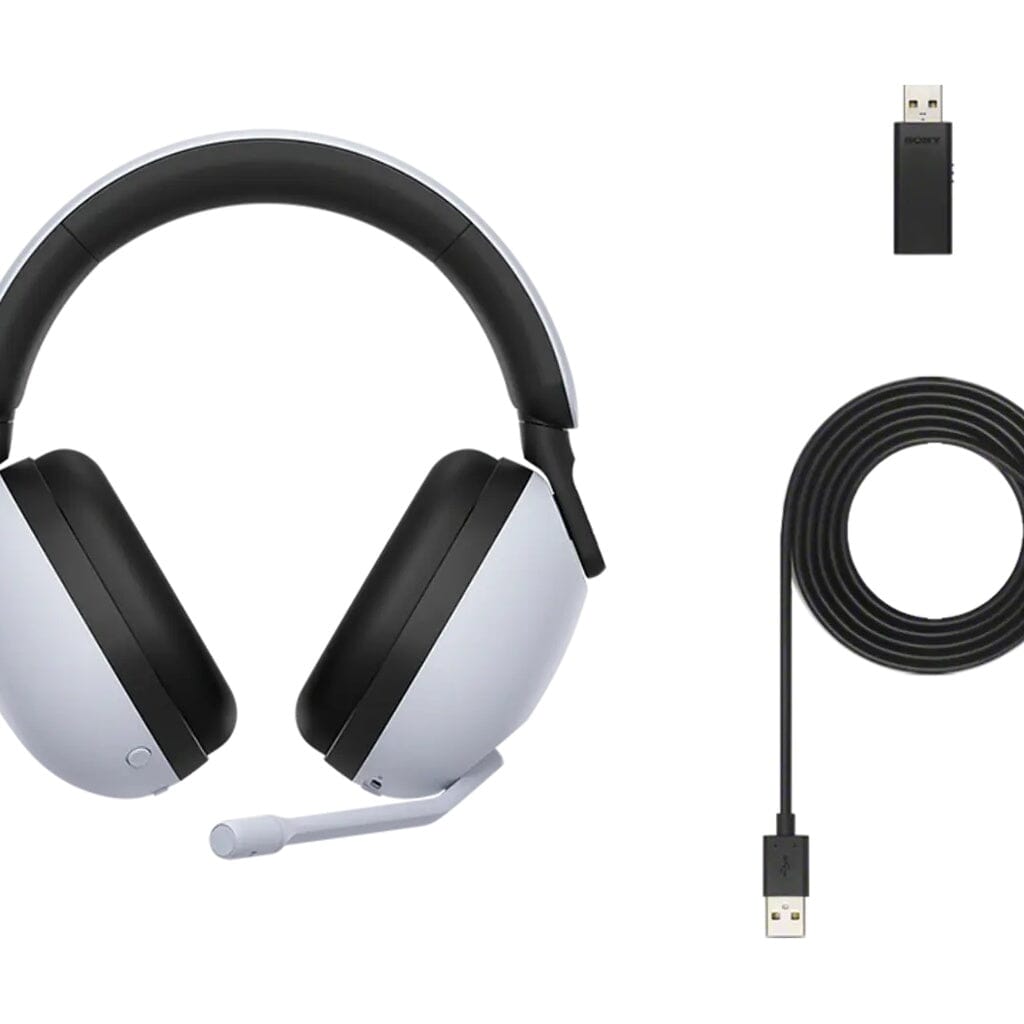 The Sony INZONE H9 Wireless Noise-Canceling Gaming Headphones by Sony are shown in black and white with a built-in mic, plus a coiled USB charging cable and separate USB wireless adapter, all set against a white background.