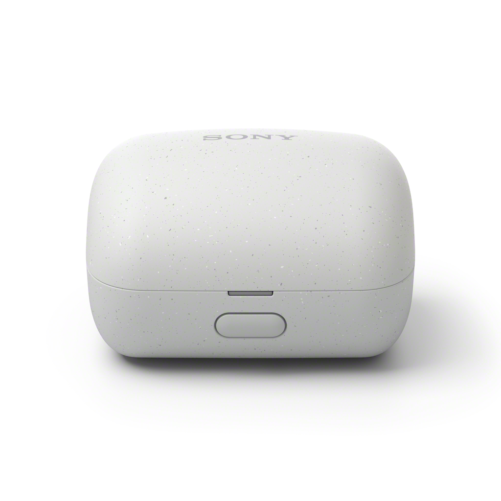 A closed, white Sony LinkBuds Truly Wireless Earbuds charging case (Open Box - Clearance) with a rounded shape, small speckles, front button, and subtle Sony logo on the lid, shown against a plain white background.