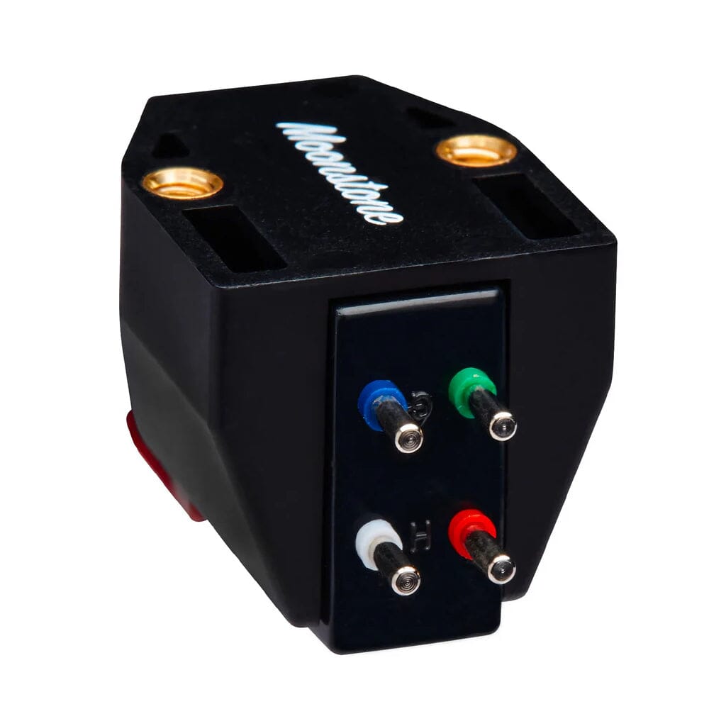 A close-up of the Sumiko Moonstone MM Phono Cartridge by Sumiko features a black body, elliptical stylus, and four colored pins—blue, green, white, and red—on one side, against a white background. "Sumiko" is printed on the top surface.