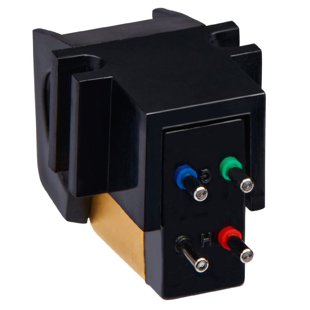 A close-up of the Sumiko Pearl Phono Cartridge - Clearance by Sumiko, showing its black and gold design, four color-coded pins (blue, green, red, white), and elliptical stylus for precise sound on your turntable.