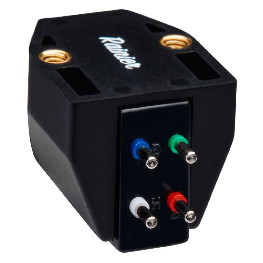 The Sumiko Rainier MM Phono Cartridge - Clearance by Sumiko is a black cartridge from the Oyster series, featuring "Rainier" on top and four colored pins (blue, green, red, white) at the front for audio connections.