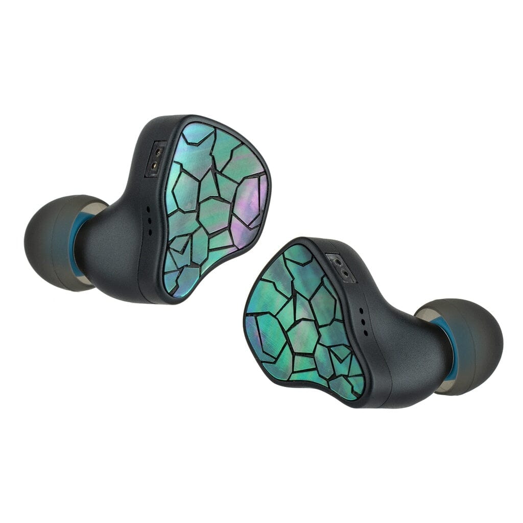 Thieaudio Hype 4 MK2 In-Ear Headphones feature dark housings and iridescent, mosaic-patterned faceplates in green, blue, and purple.