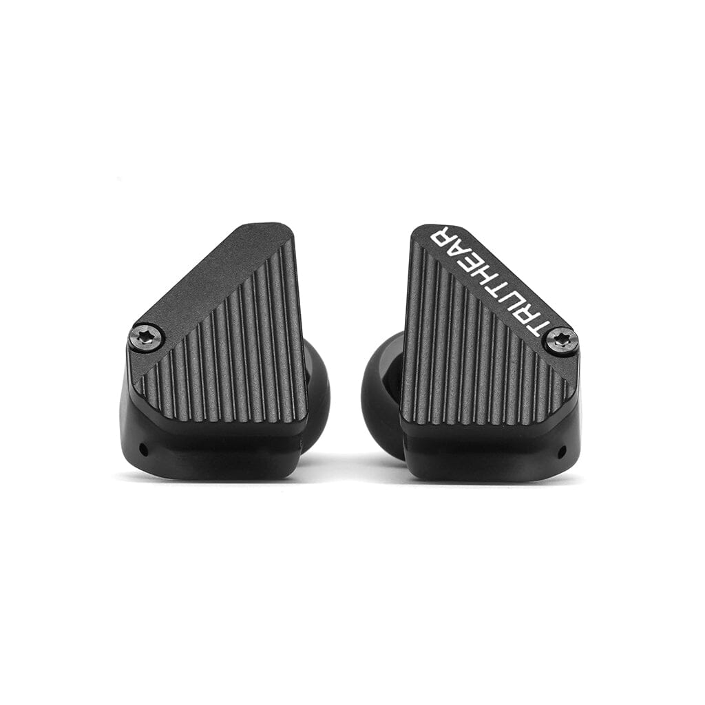A pair of black, angular TRUTHEAR Pure In-Ear Headphones with a ridged texture and white TRUTHEAR logo on the right earbud, featuring a hybrid 4-driver setup, shown upright against a white background.