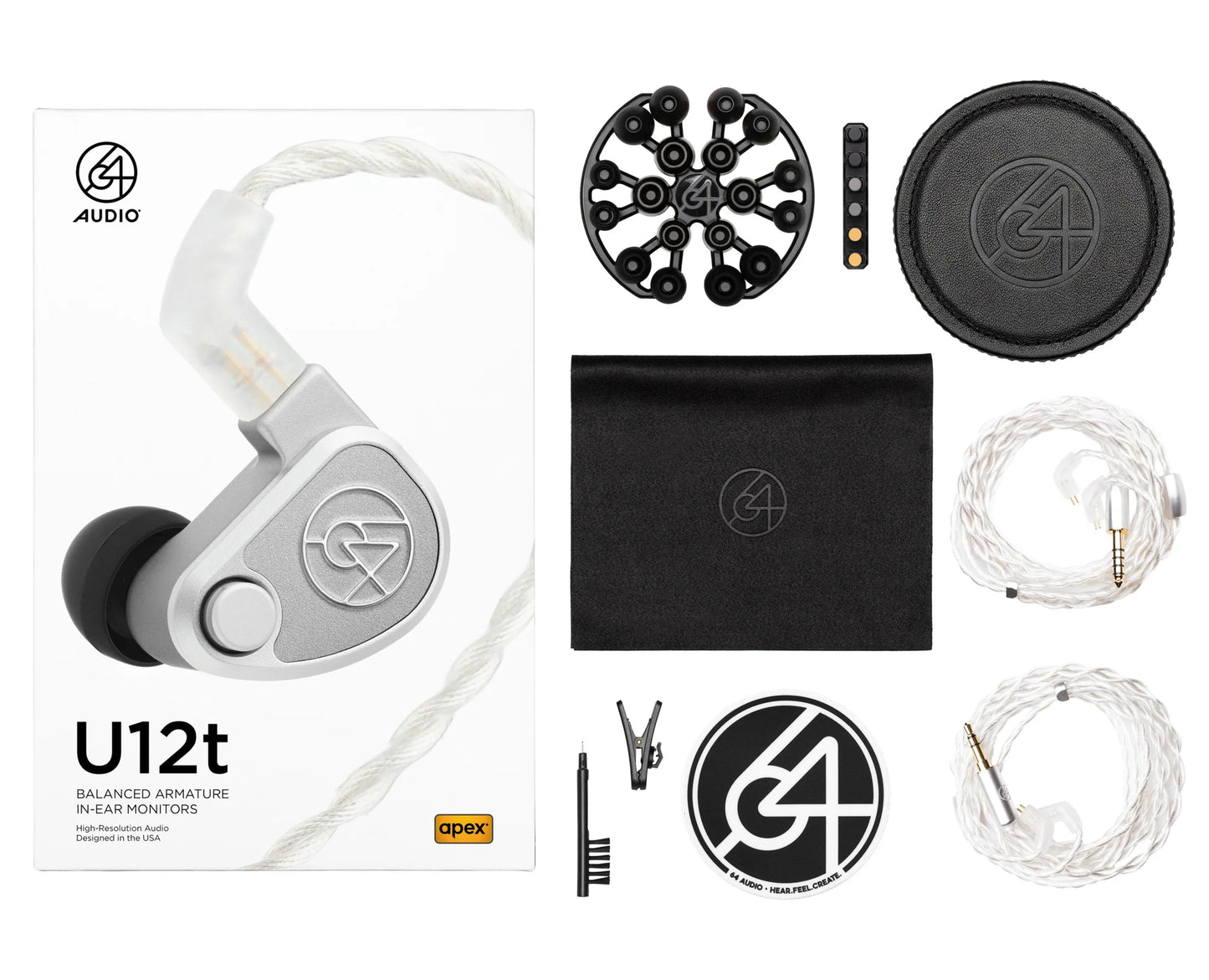 The 64 Audio U12t In-Ear Headphones set by 64 Audio includes the IEMs, cables, cleaning tool, eartips, black pouch, round carrying case, logo sticker, and branded box—all neatly displayed on a white background.