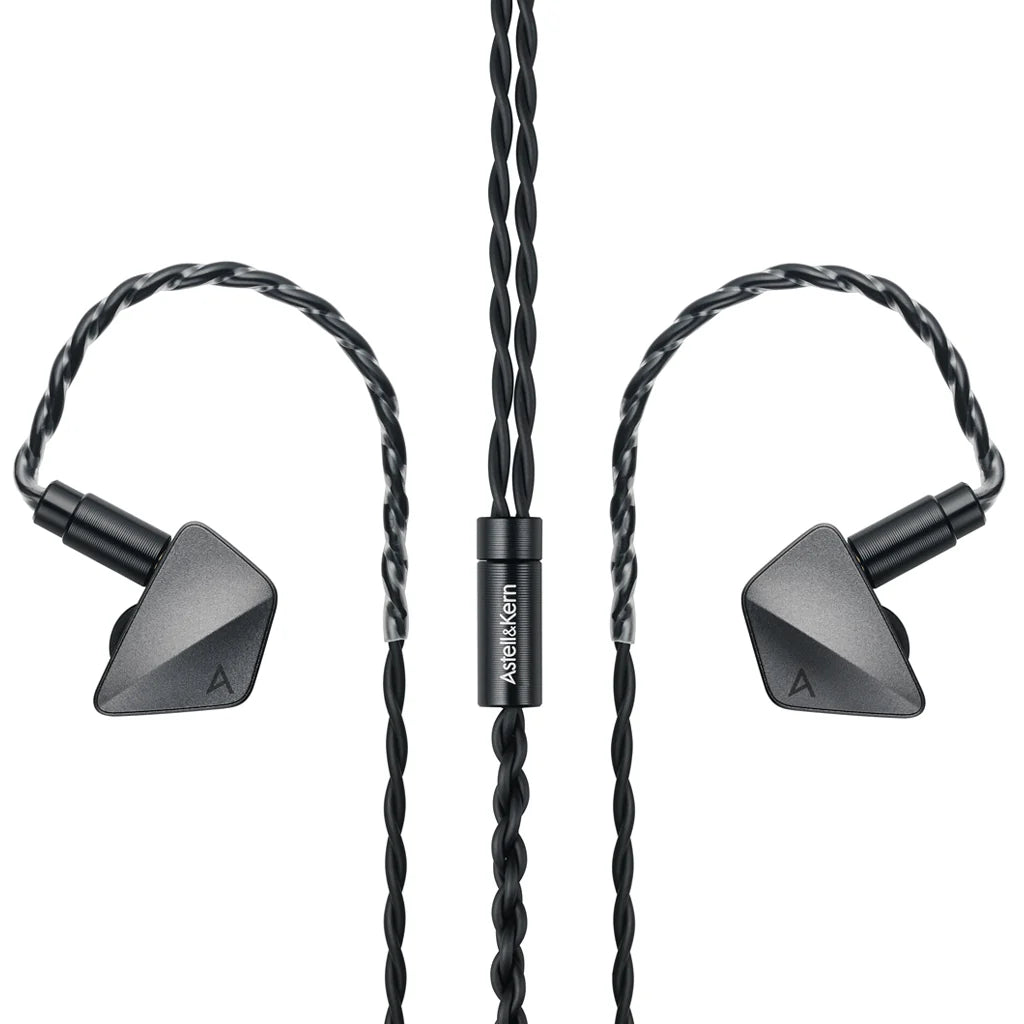 A pair of black Astell & Kern Zero 1 In-Ear Headphones (Special Edition, Clearance) with twisted cables and angular earpieces are symmetrically displayed on a white background, featuring the Astell & Kern brand on the central cable segment.