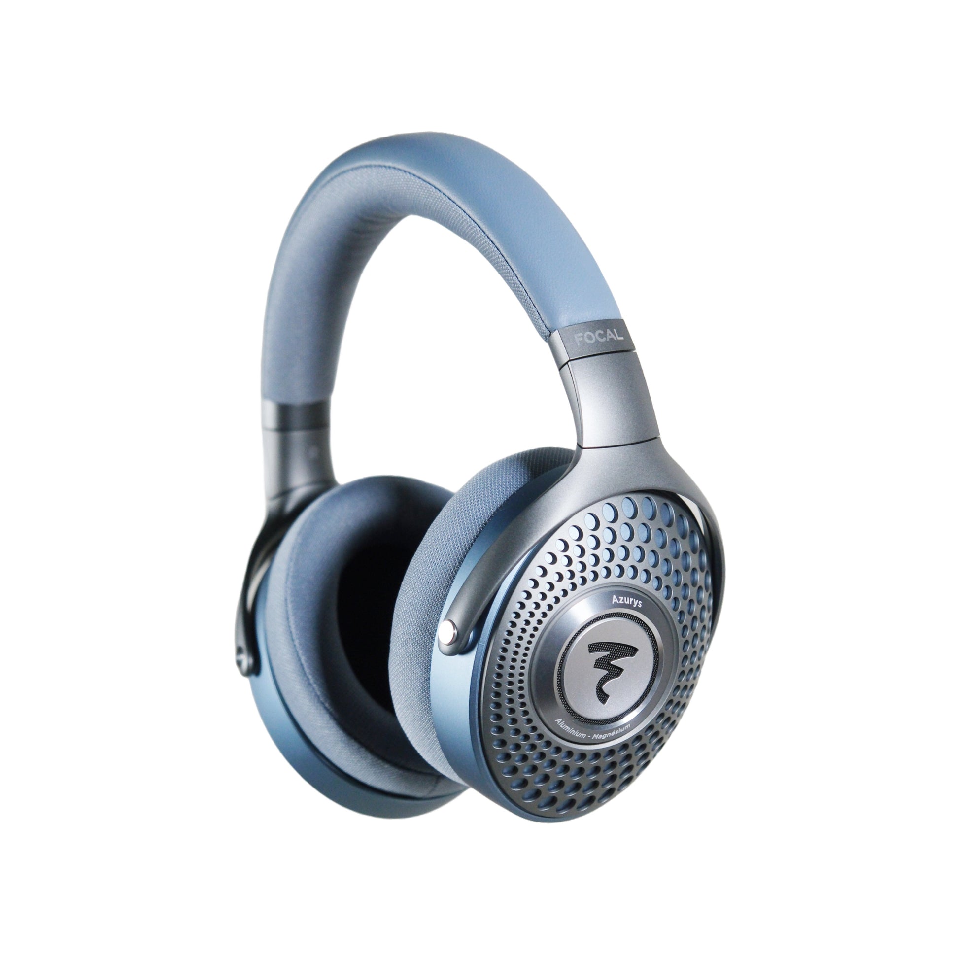 A pair of Focal Azurys closed-back headphones by Focal with a padded headband, circular ear cups, textured grille, and central logo, displayed on a white background.