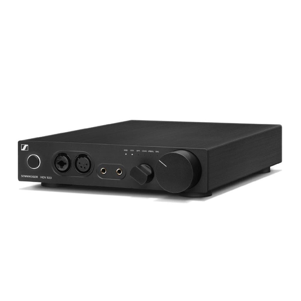 The Sennheiser HDV 820 Headphone Amplifier by Sennheiser, shown in black with an ESS SABRE32 DAC, multiple I/O ports, front buttons, and a large volume knob on a white background—ideal for premium headphones.